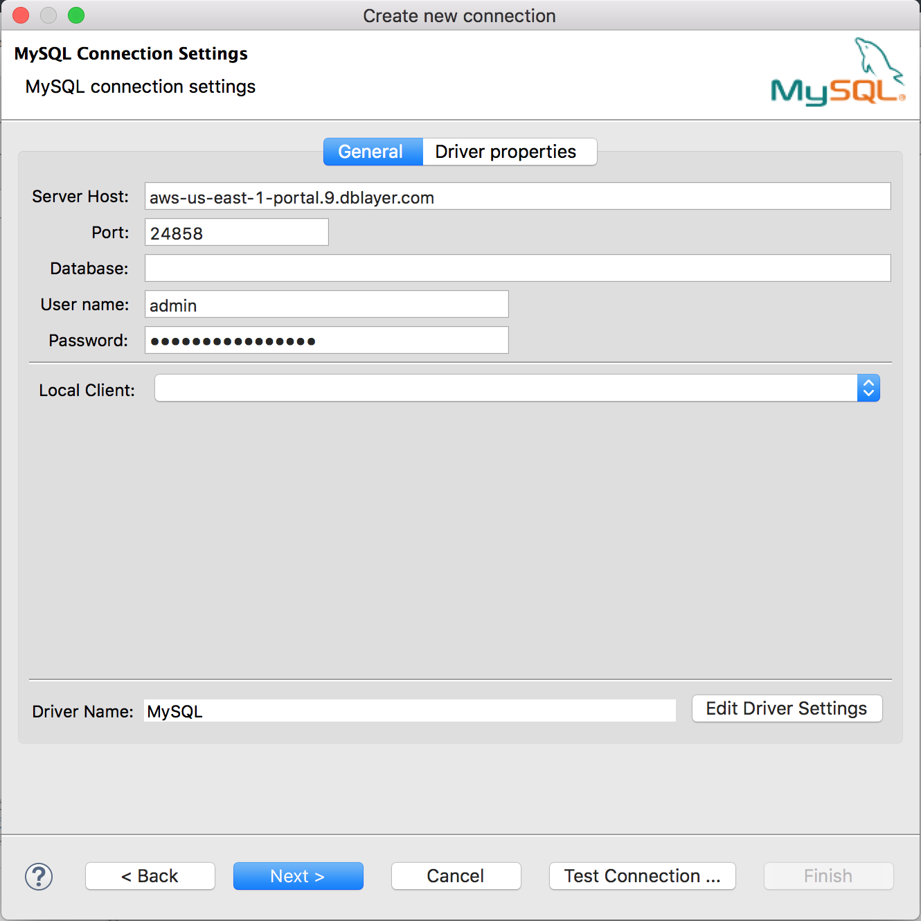 Sample connection settings for a Compose for MySQL deployment