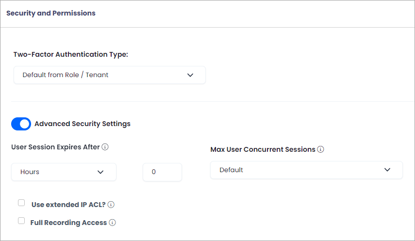 Screenshot with the security and permissions settings