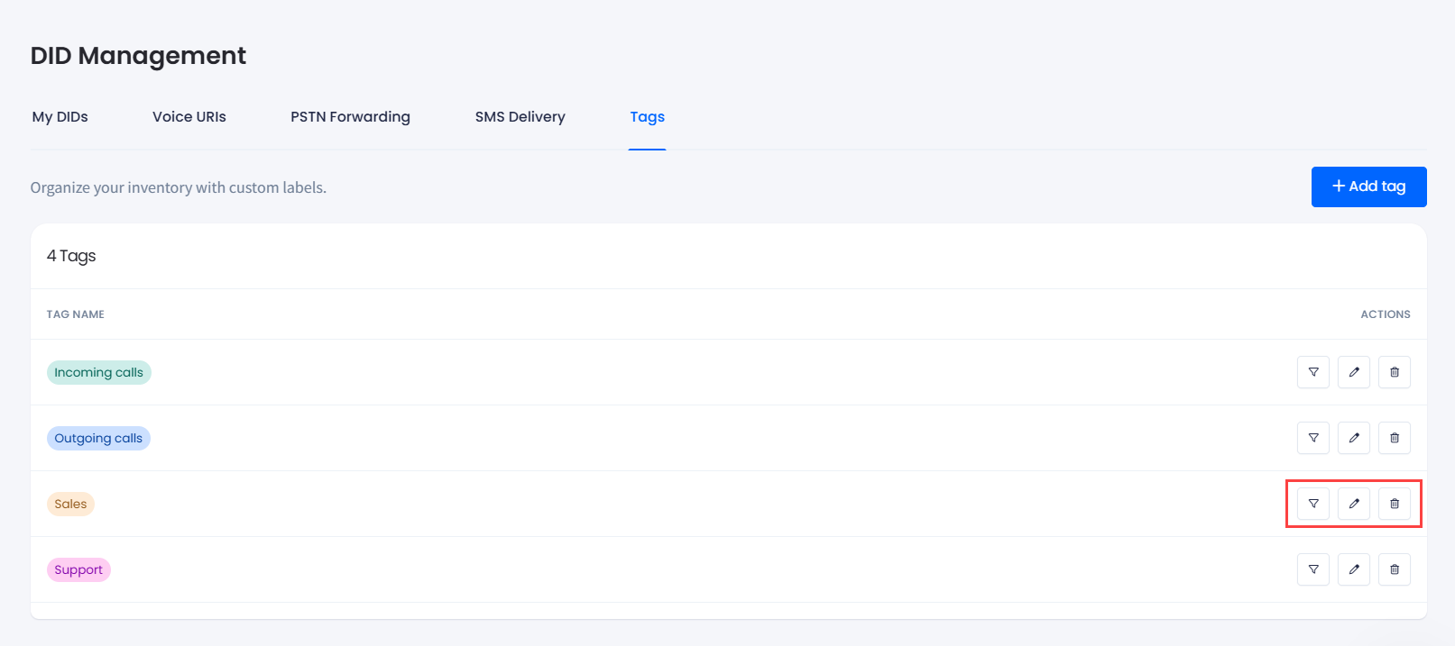 Screenshot of the tag actions