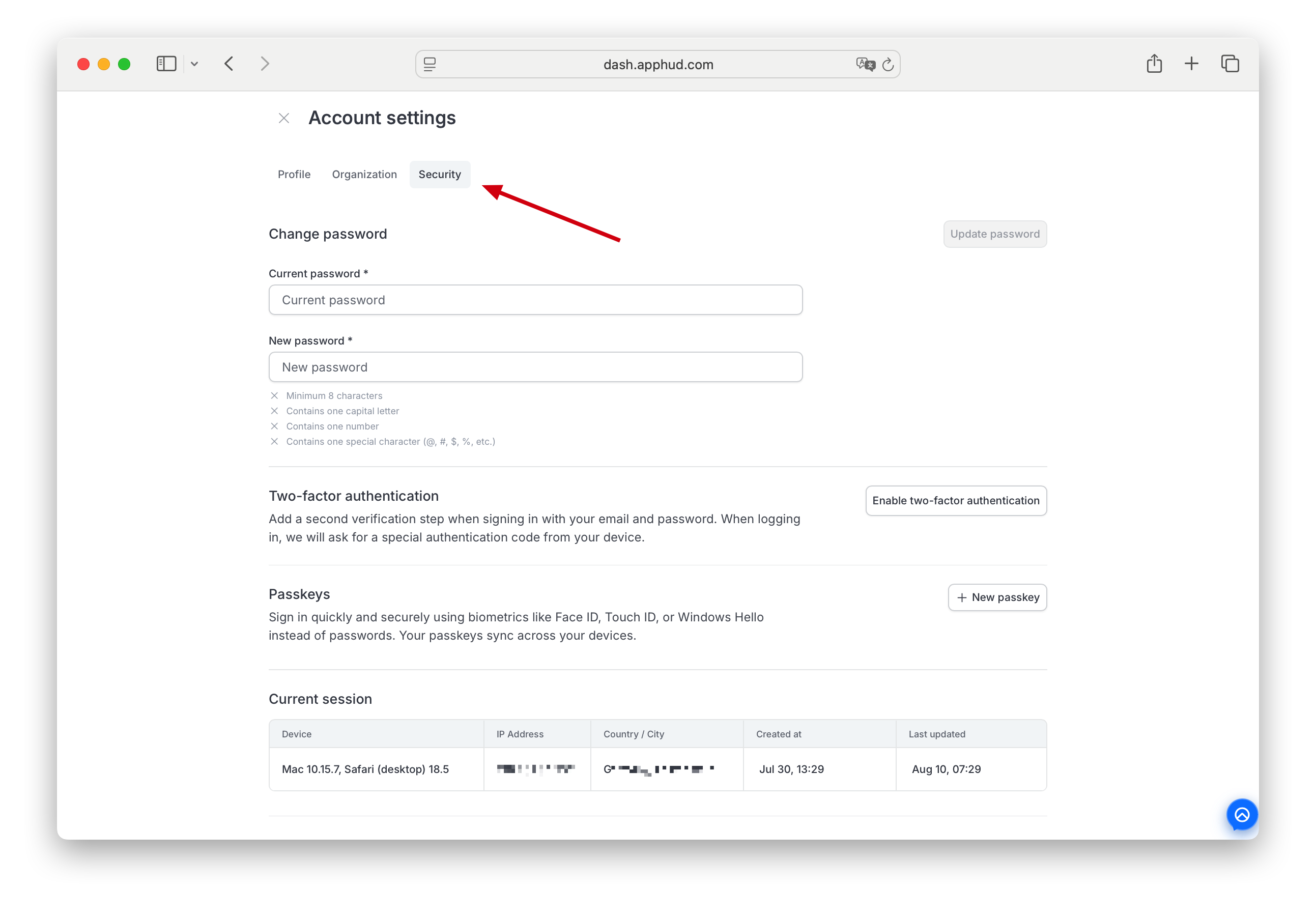 Account settings — Security tab