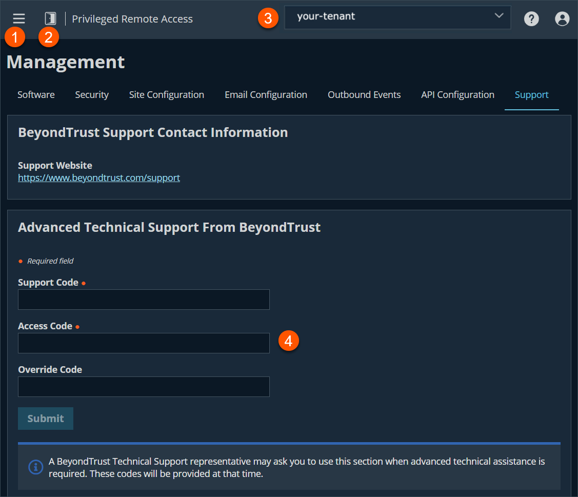 The image shows the 'Management' section of a BeyondTrust Privileged Remote Access interface. It includes tabs for Software, Security, Site Configuration, Email Configuration, Outbound Events, API Configuration, and Support. The Support tab is selected. There is a section titled 'BeyondTrust Support Contact Information' with a link to the support website. Below it is a section titled 'Advanced Technical Support From BeyondTrust' with fields for entering a required Support Code and Access Code, and an optional Override Code. A note at the bottom explains these codes are provided when advanced technical assistance is needed.