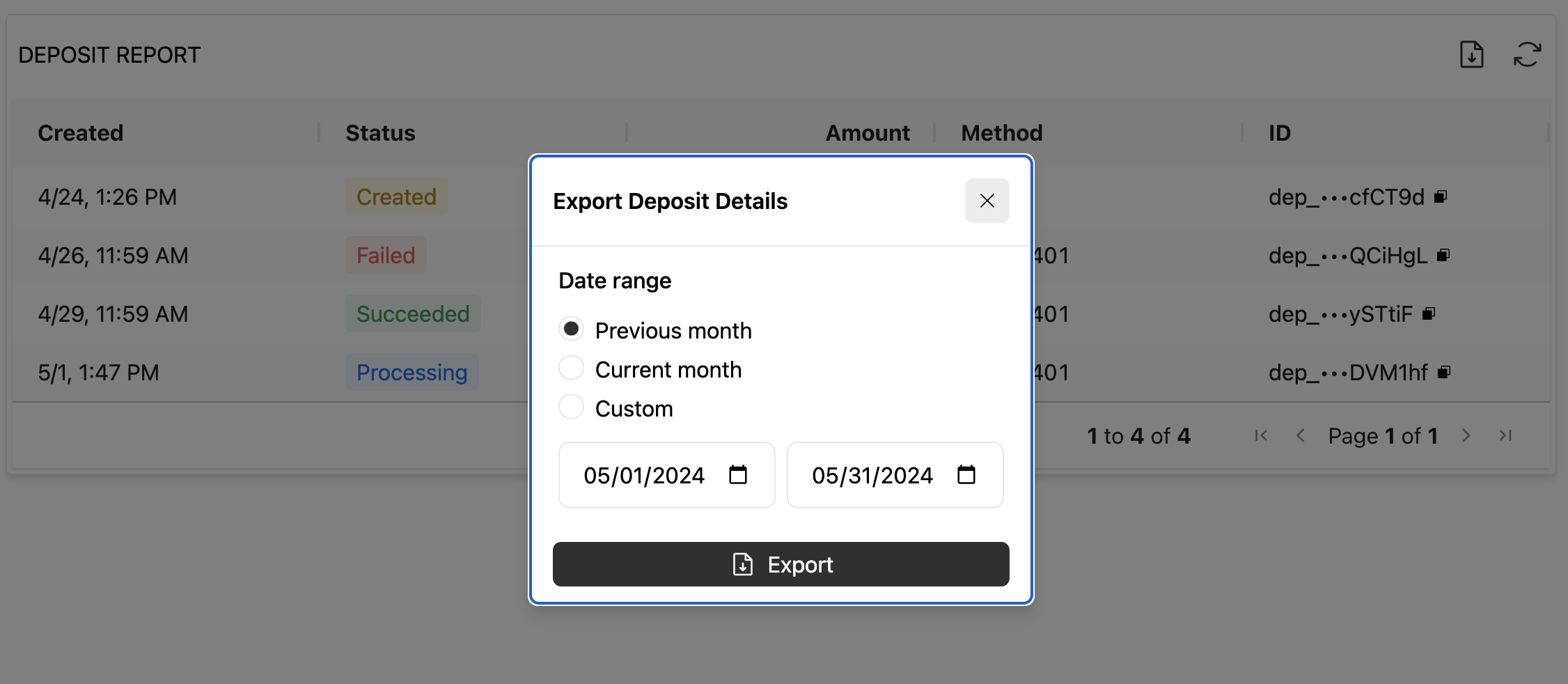 Deposits activity report export modal