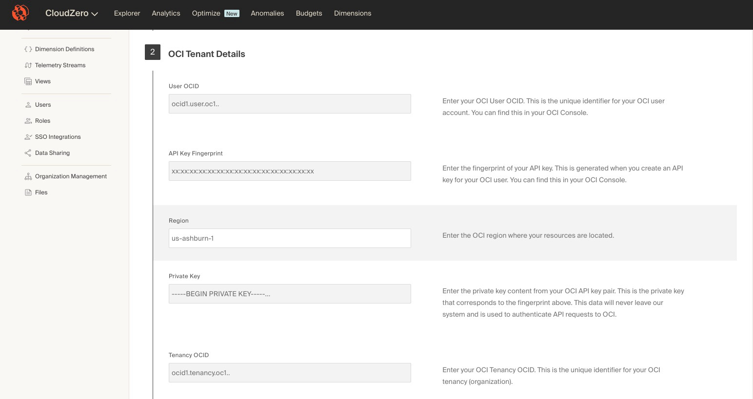 CloudZero connection screen