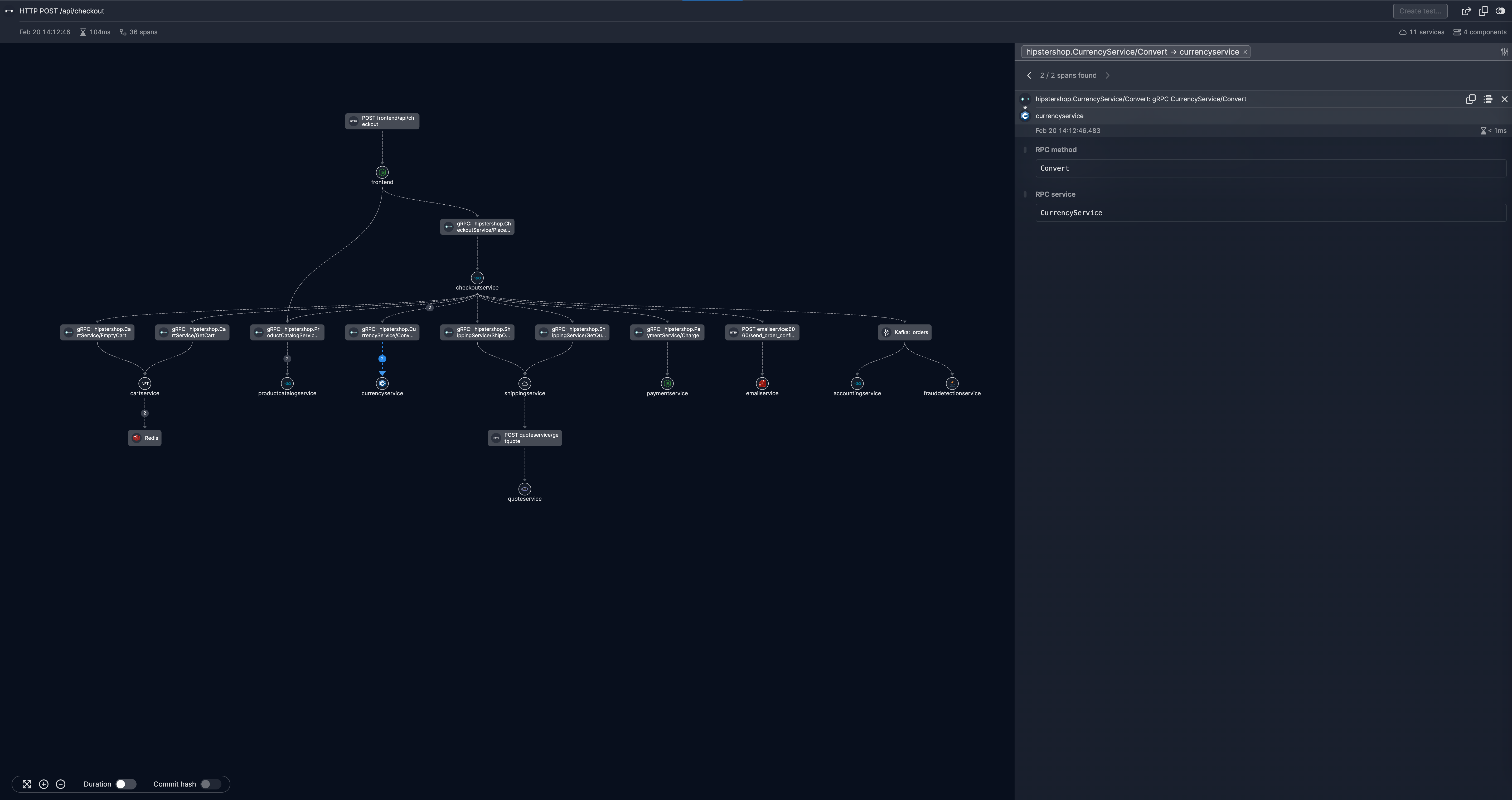 A trace from the Helios OpenTelemetry Sandbox that propagates through many microservices, including C++
