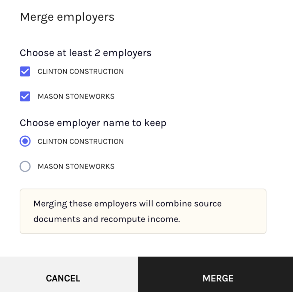 The list of Ocrolus-identified employers is presented to the end user. The end user has the option to multi-select the different employer names and merge them into the same employer.