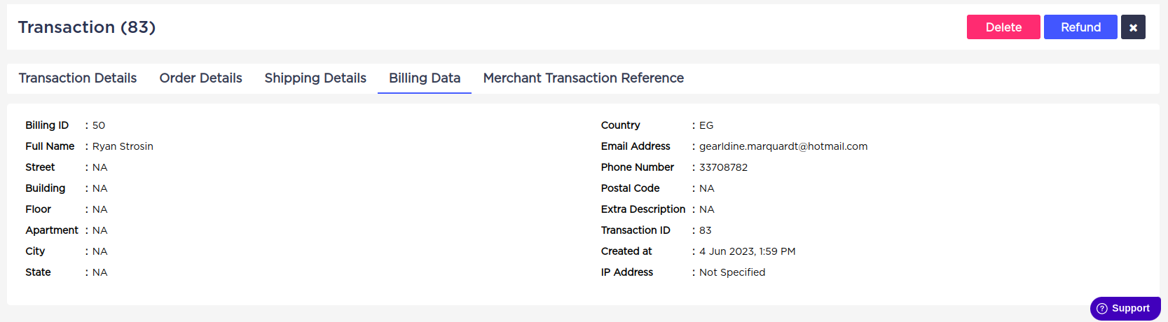 Accept Dashboard - Transactions Tab - The Related Billing Data.