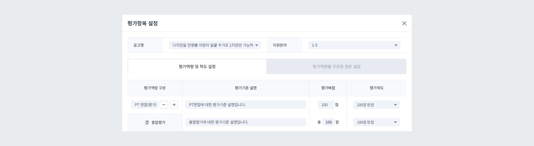 1Depth 구조 평가항목 설정