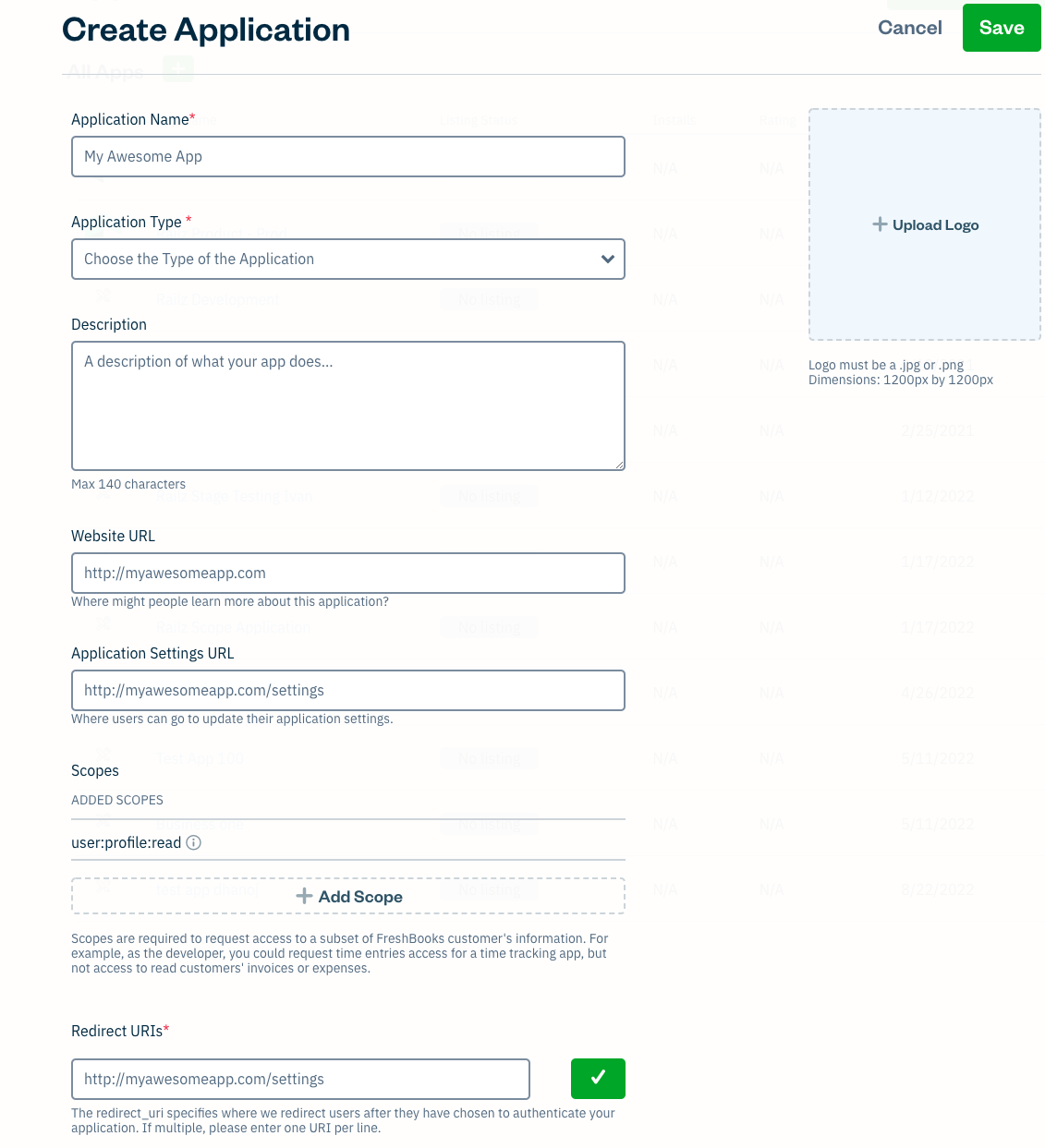 FreshBooks Developer Portal - Edit Application. Click to Expand.