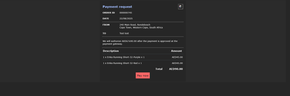 The customer receives an email contiaining the payment link and clicks on the Pay Now button. 