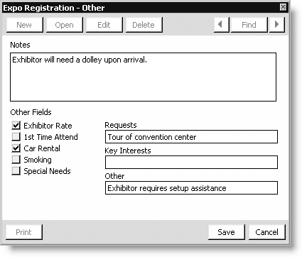 From Exposition, select Process booth orders, open an order, select a line item, click Options, and select Other
