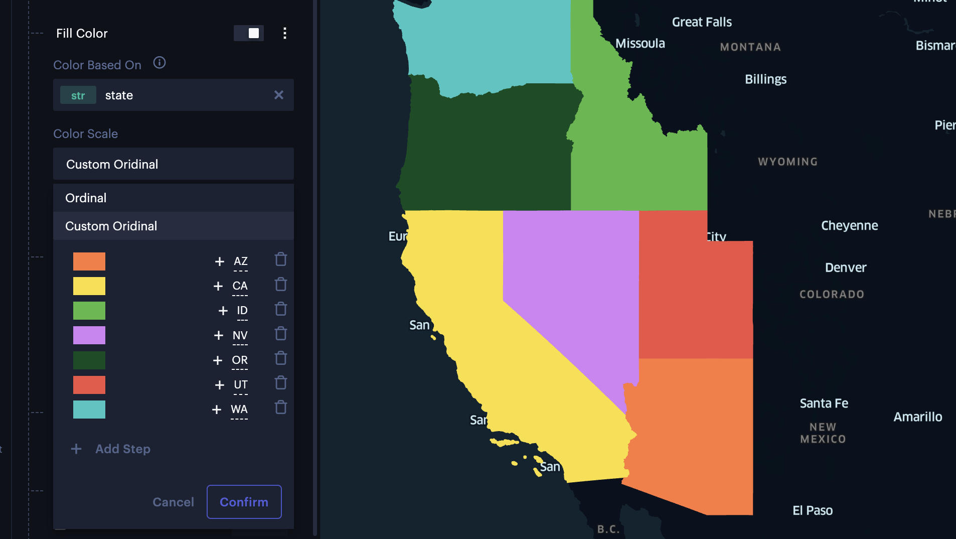 Custom color scale for US States.