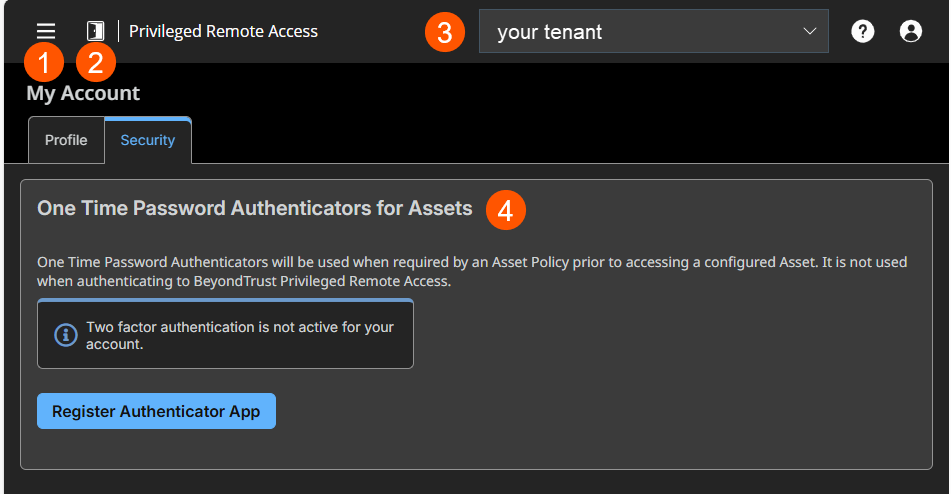 An image of BeyondTrust Privileged Remote Access interface showing the 'My Account' page with the 'Security' tab selected. The section titled 'Two Factor Authentication for Assets' explains that two factor authentication is used when required by an Asset Policy before accessing a configured Asset, but not for authenticating to the application itself. A green checkmark indicates that two factor authentication is active. Two buttons are present: 'Replace Authenticator App' and 'Deactivate Two Factor Authentication'.
