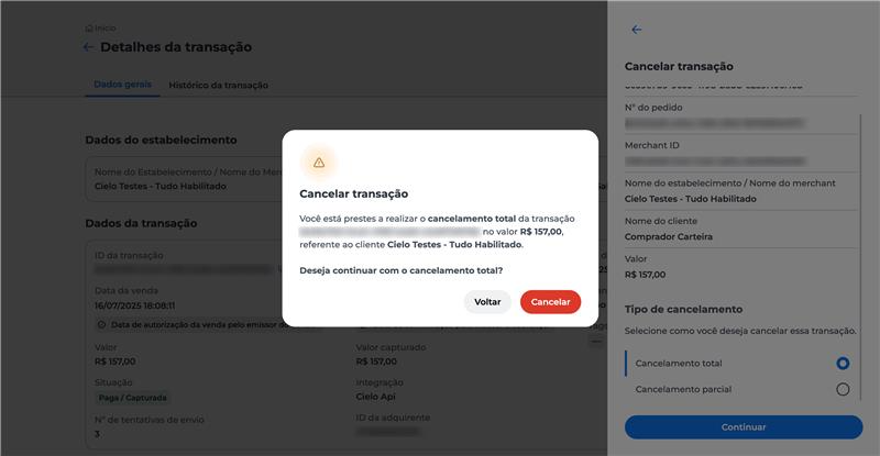 Tela de confirmação visível, com a opção "Cancelar" destacada. O usuário é orientado a selecionar essa opção para confirmar o cancelamento da transação.
