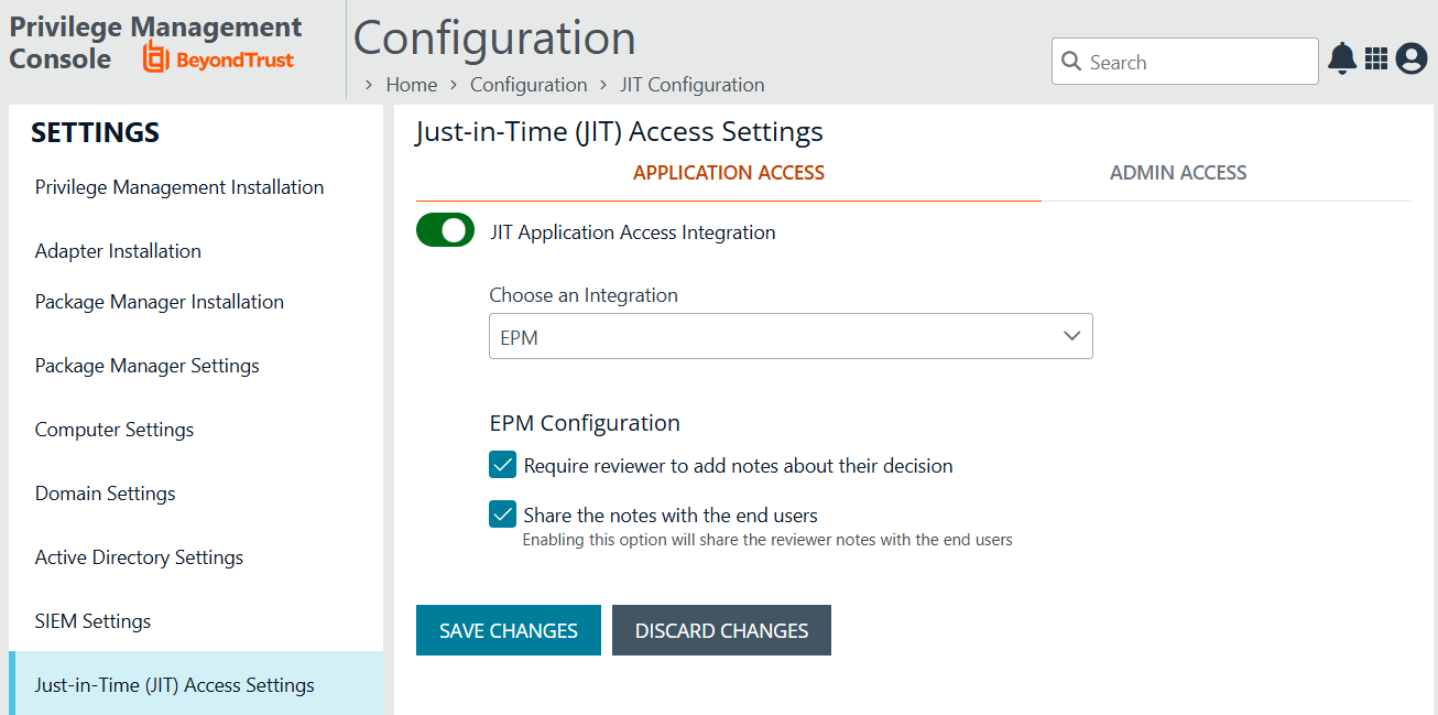 Settings to configure JIT application access