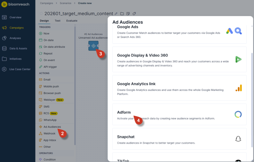 Bloomreach Engagement scenario editor showing Ad Audiences dialog with Adform option highlighted