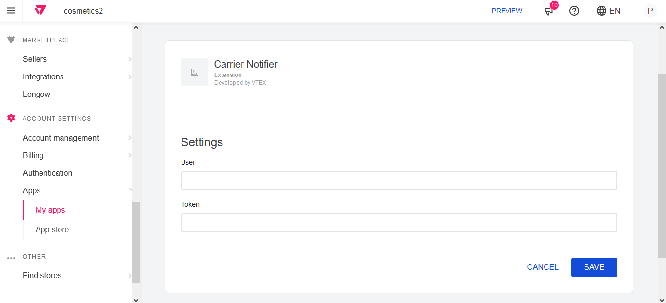 User and Token settings displayed on admin
