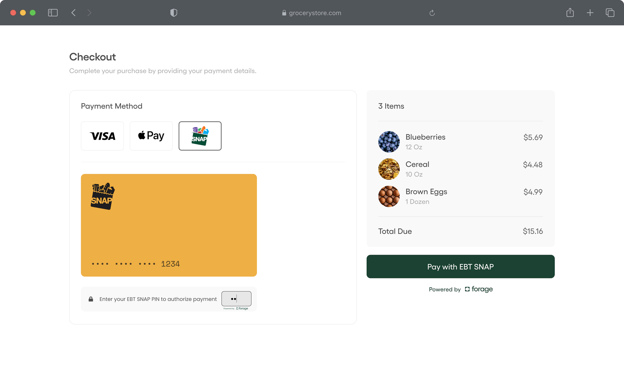 A desktop checkout screen lists an option to pay with EBT SNAP powered by Forage
