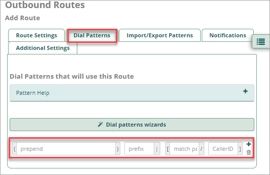 Screenshot of Outbound route dial patterns