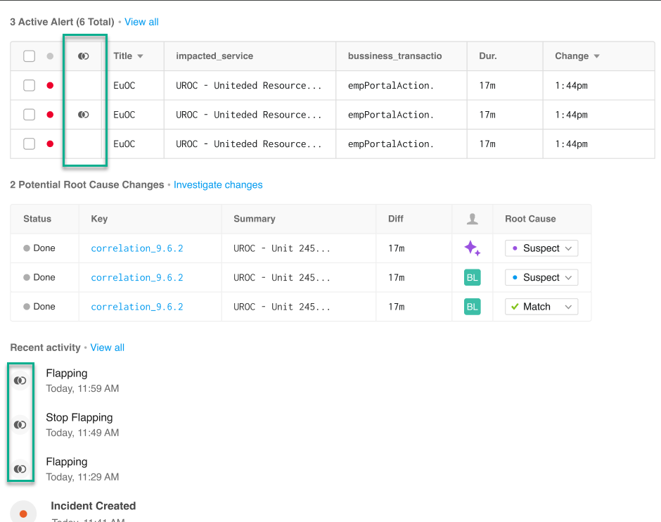 Flapping indicators in the Alerts table and Activity feed