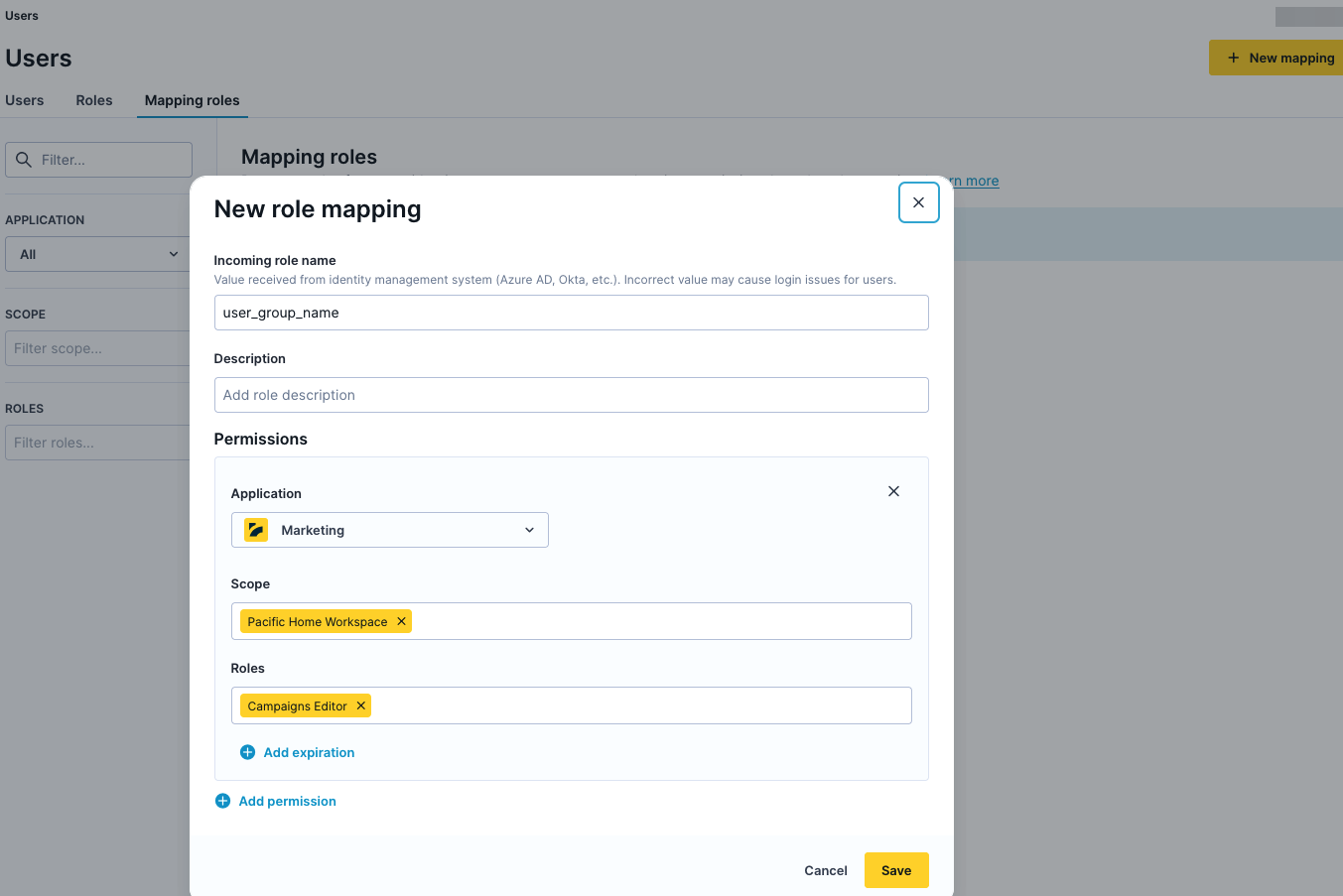 New role mapping dialog showing incoming role name field and application selected.