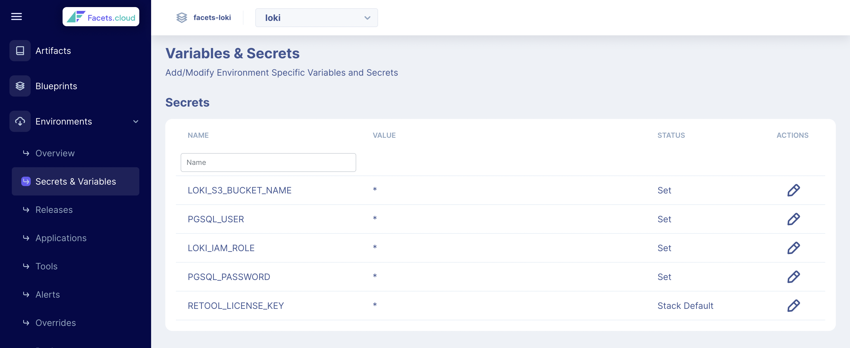 Secrets and Variables screen in Facets UI