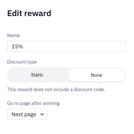 Edit reward window with the Name field, the Discount type option set to None, the note that the reward does not include a discount code, and the Go to page after winning field