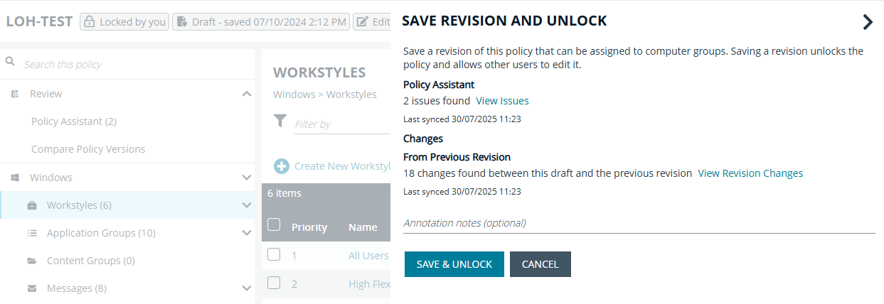 Save revision and unlock panel that displays when saving policy changes.