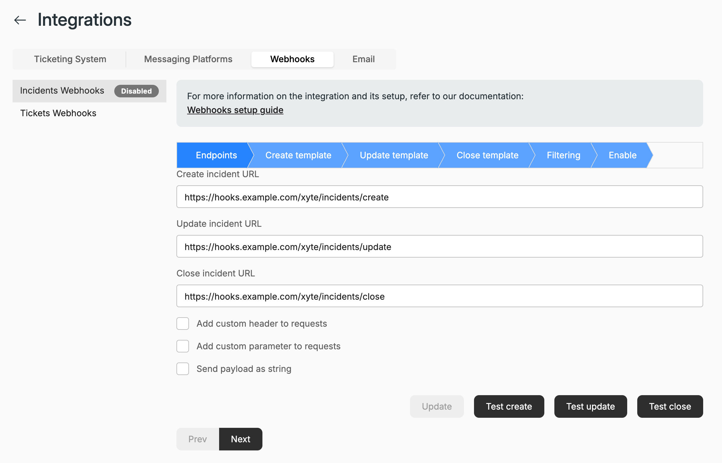 Incidents Webhooks wizard, Endpoints step Incidents Webhooks wizard, Endpoints step