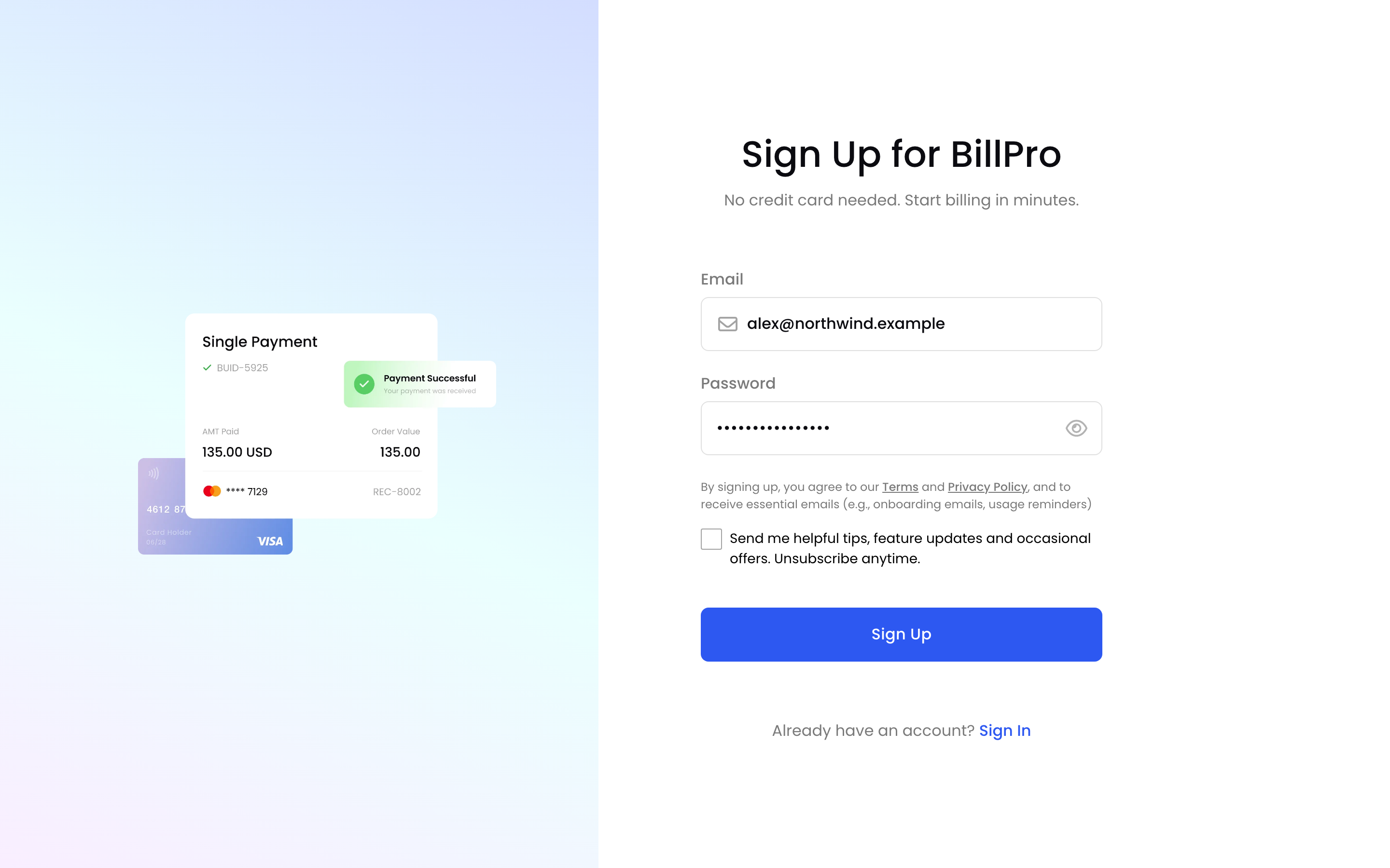 Sign Up for BillPro, step 1 with email and password
