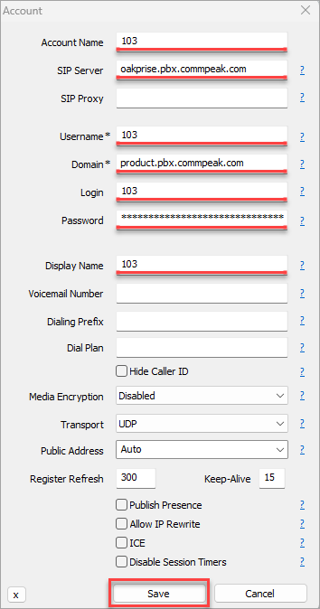 Screenshot of the PBX Stats **Account** form