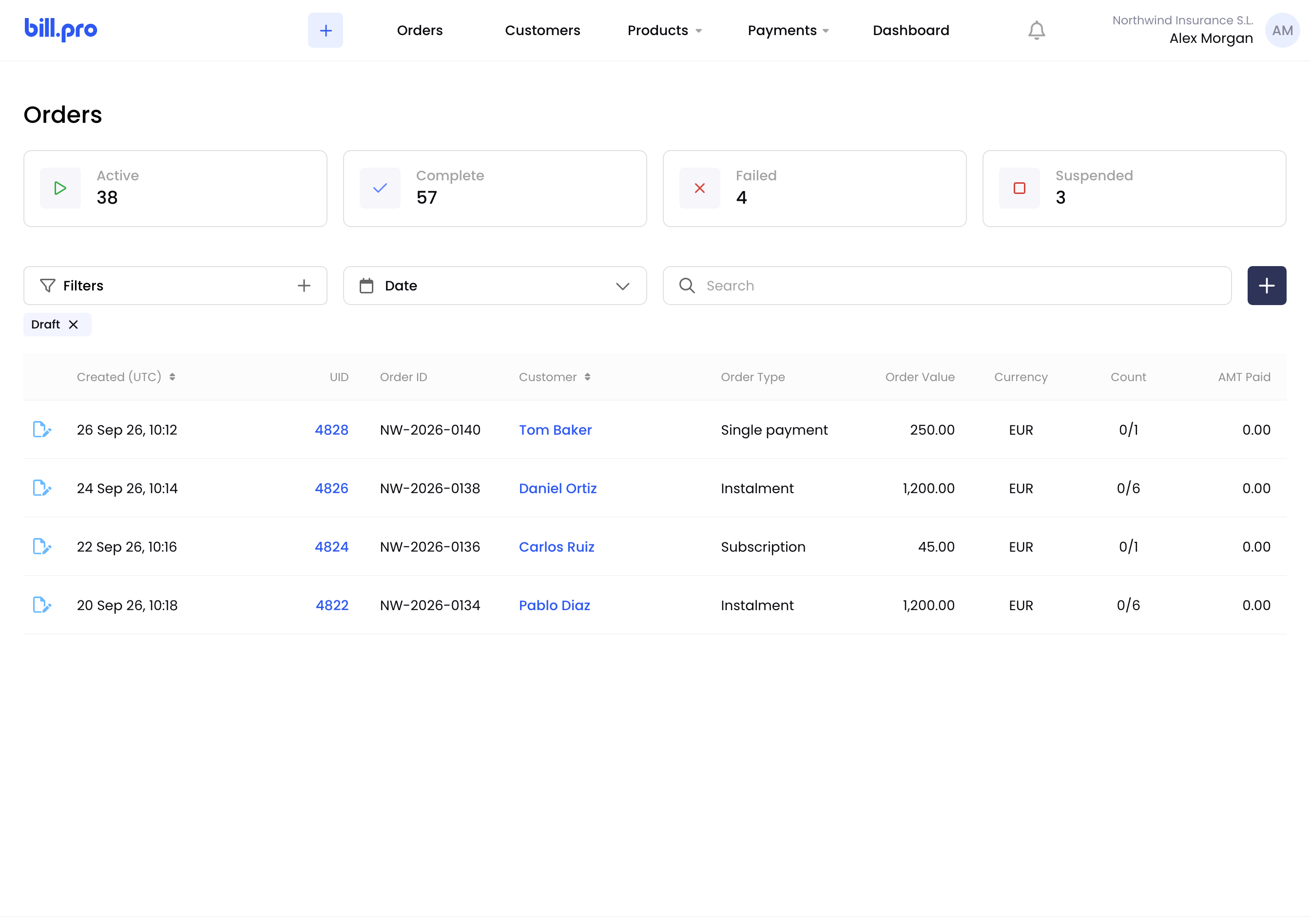 The Orders list filtered to Draft orders