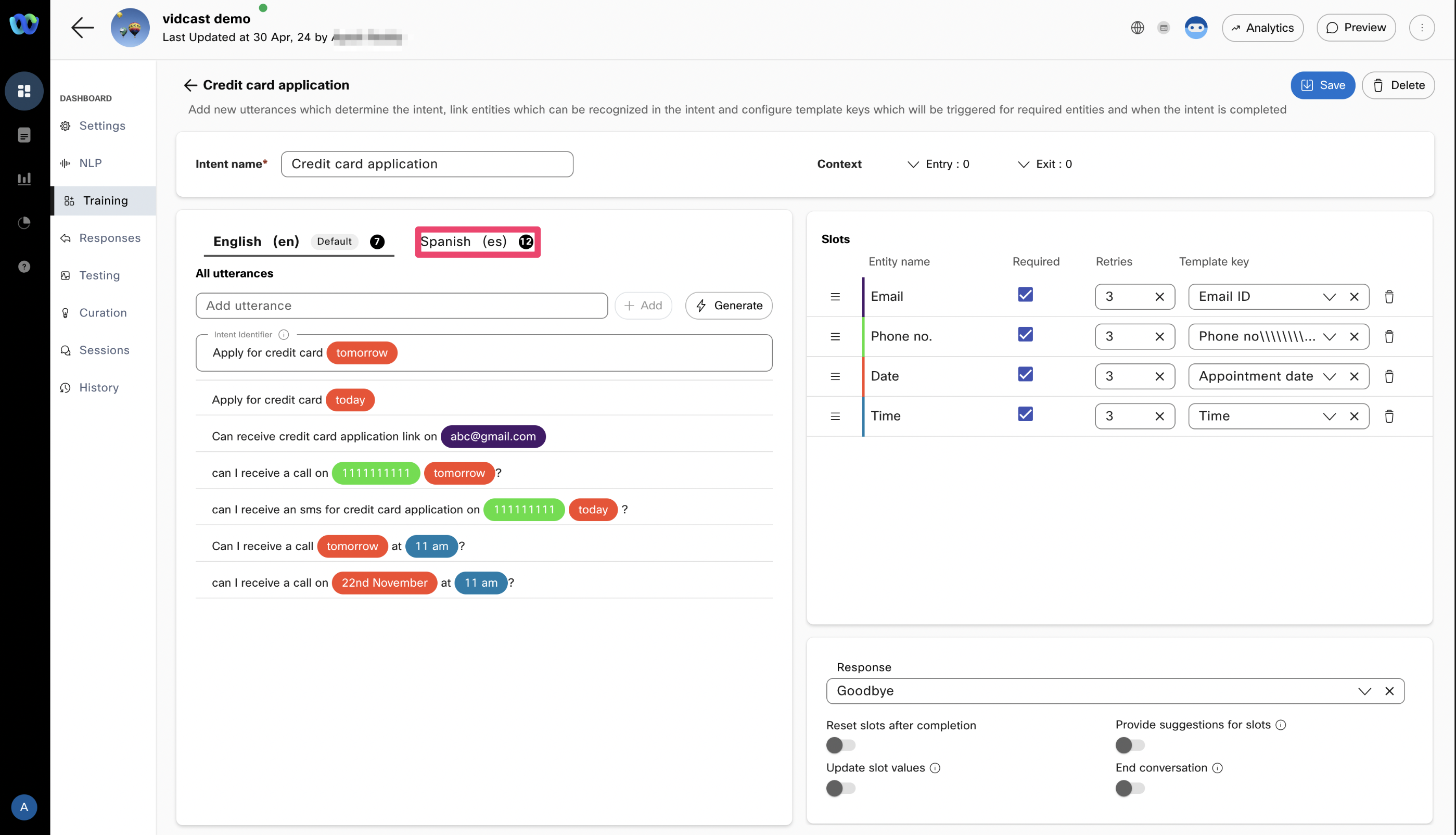 Configuring training data in multiple languages