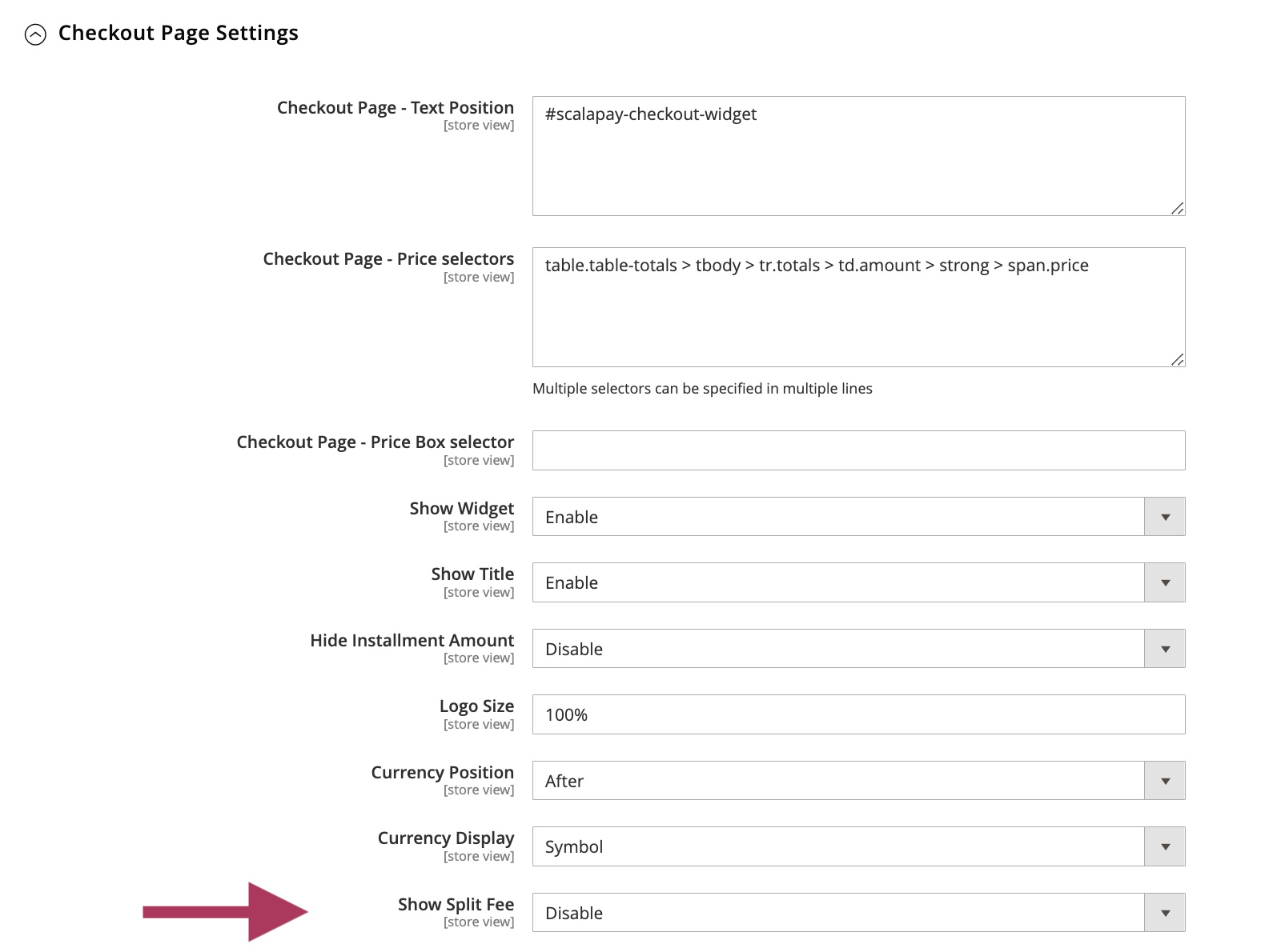 Product Page Settings - Split fee