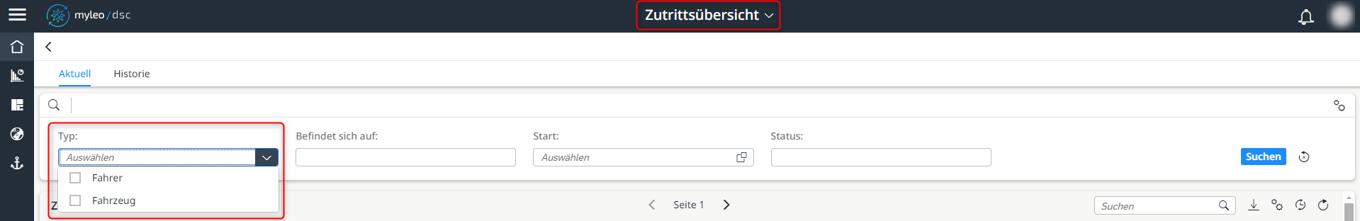 Auswahl des Typs innerhalb des Tabs "Aktuell"