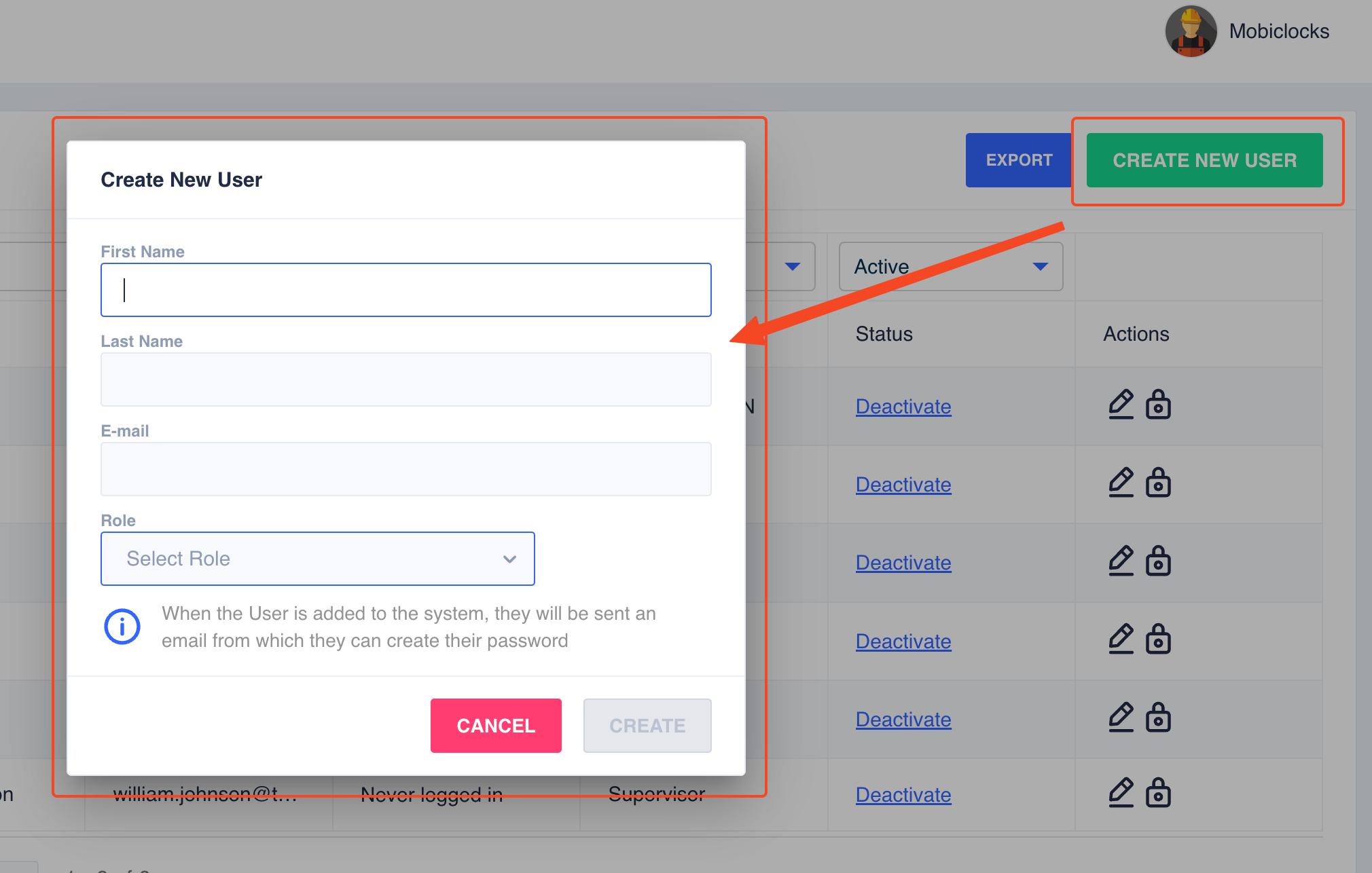 Create New User dialog box