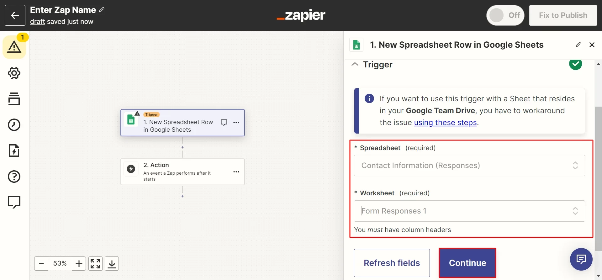 Specify the spreadsheet and worksheet