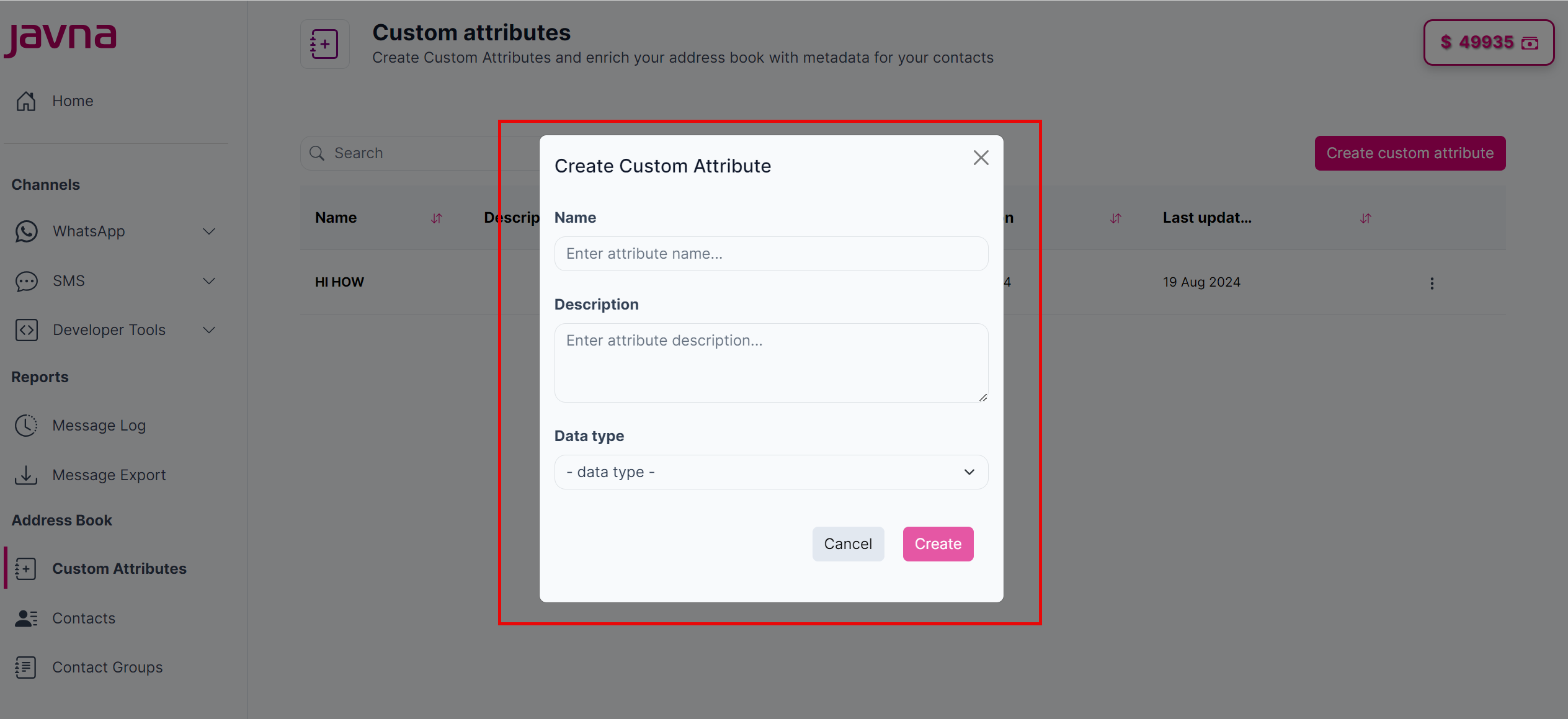 Fig 144: The "Create Custom Attribute" pop up.