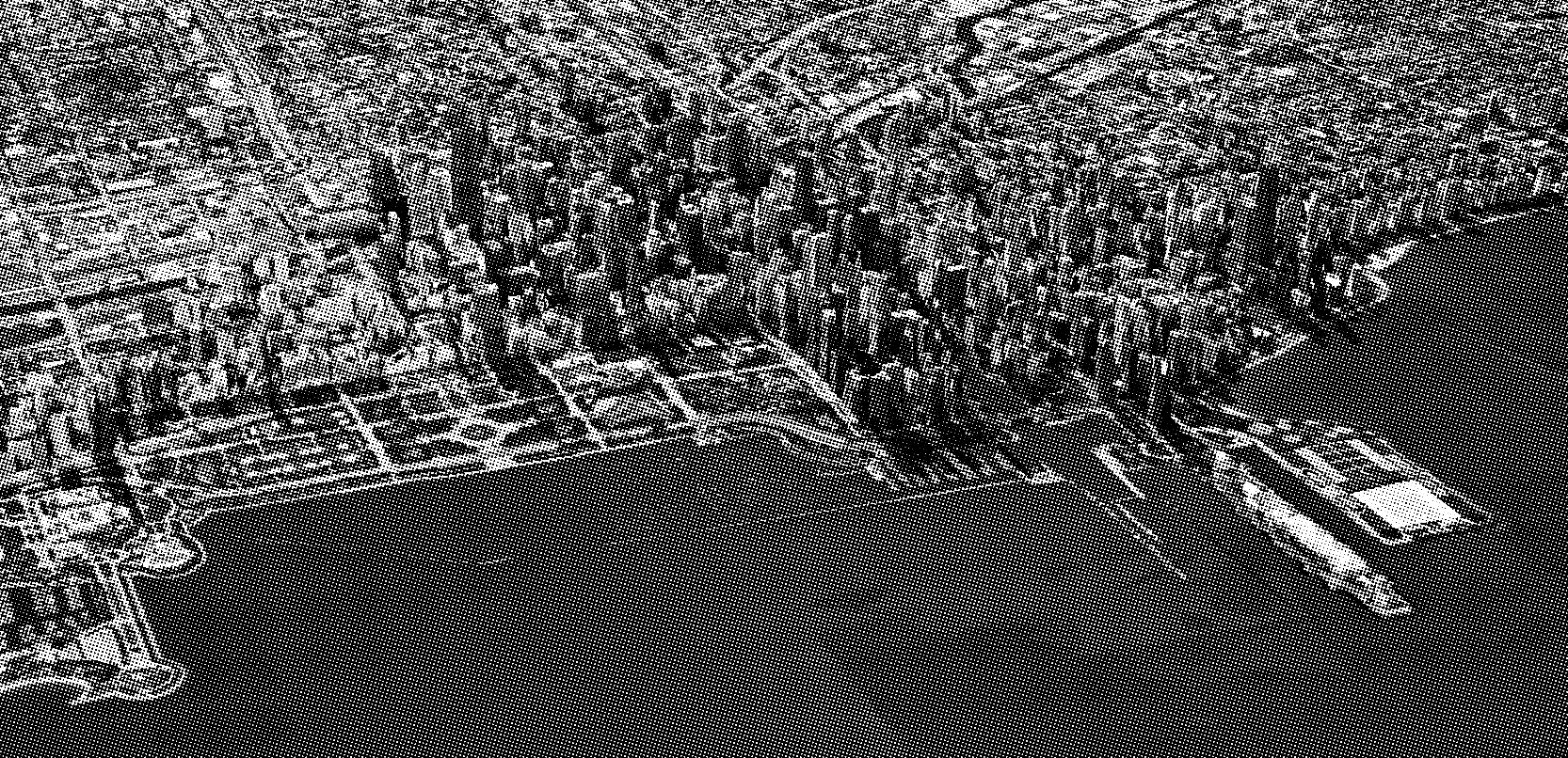 Chicago from far, represented by Google 3D tiles, light and show, and a dot screen effect.
