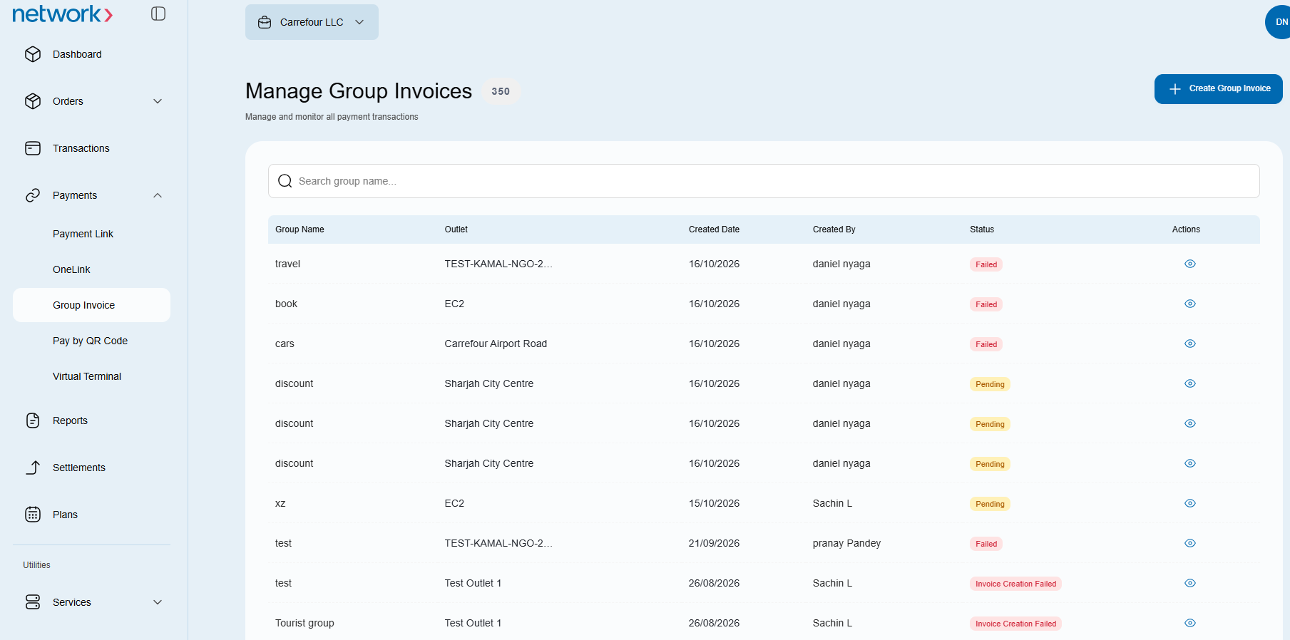 Group Invoice navigation in the Merchant Portal