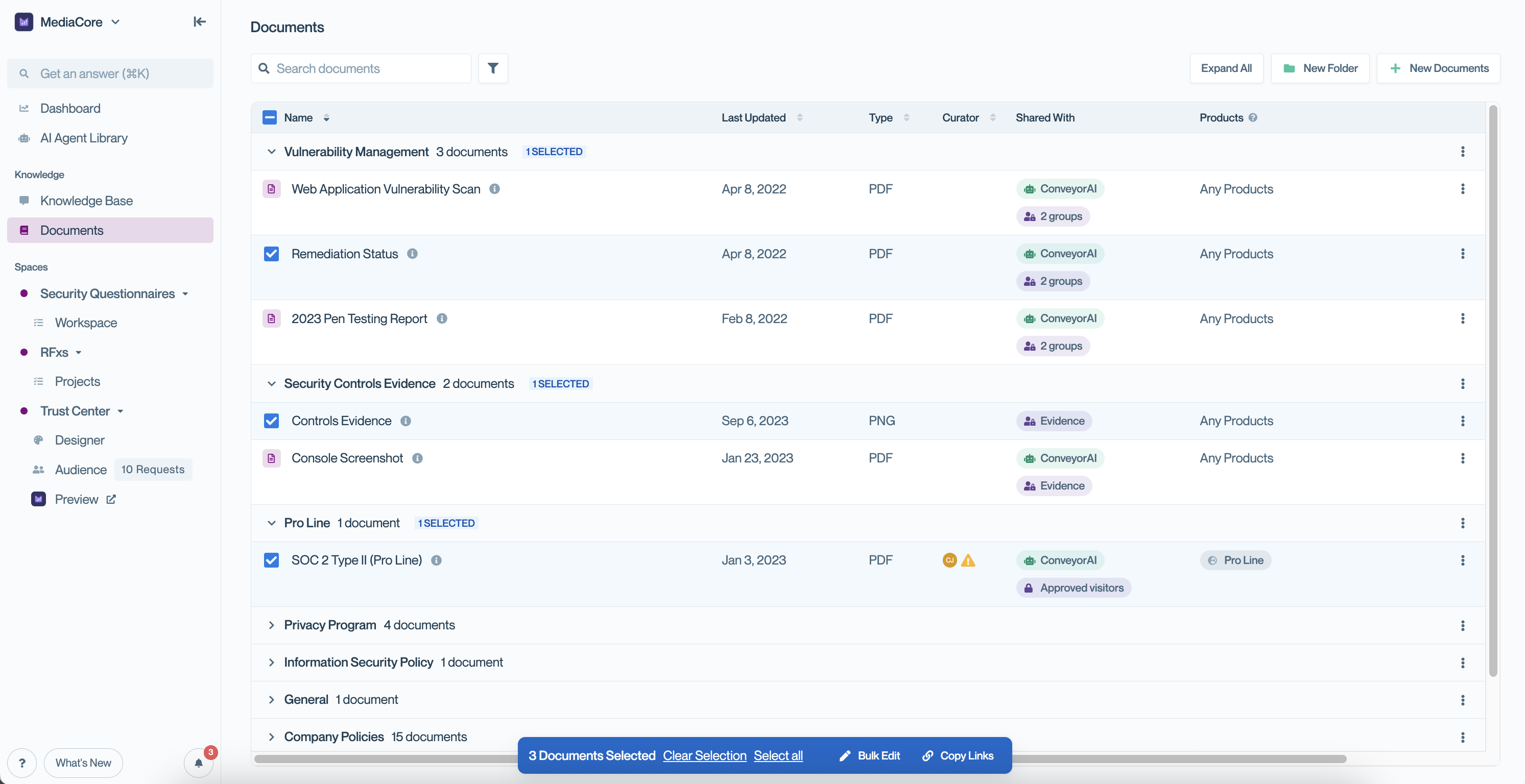 Documents page in Conveyor with three individual documents selected across different folders. A blue action bar appears at the bottom with options to ‘Clear Selection,’ ‘Select all,’ ‘Bulk Edit,’ or ‘Copy Links.’ This interface allows users to bulk update access settings for multiple documents at once.