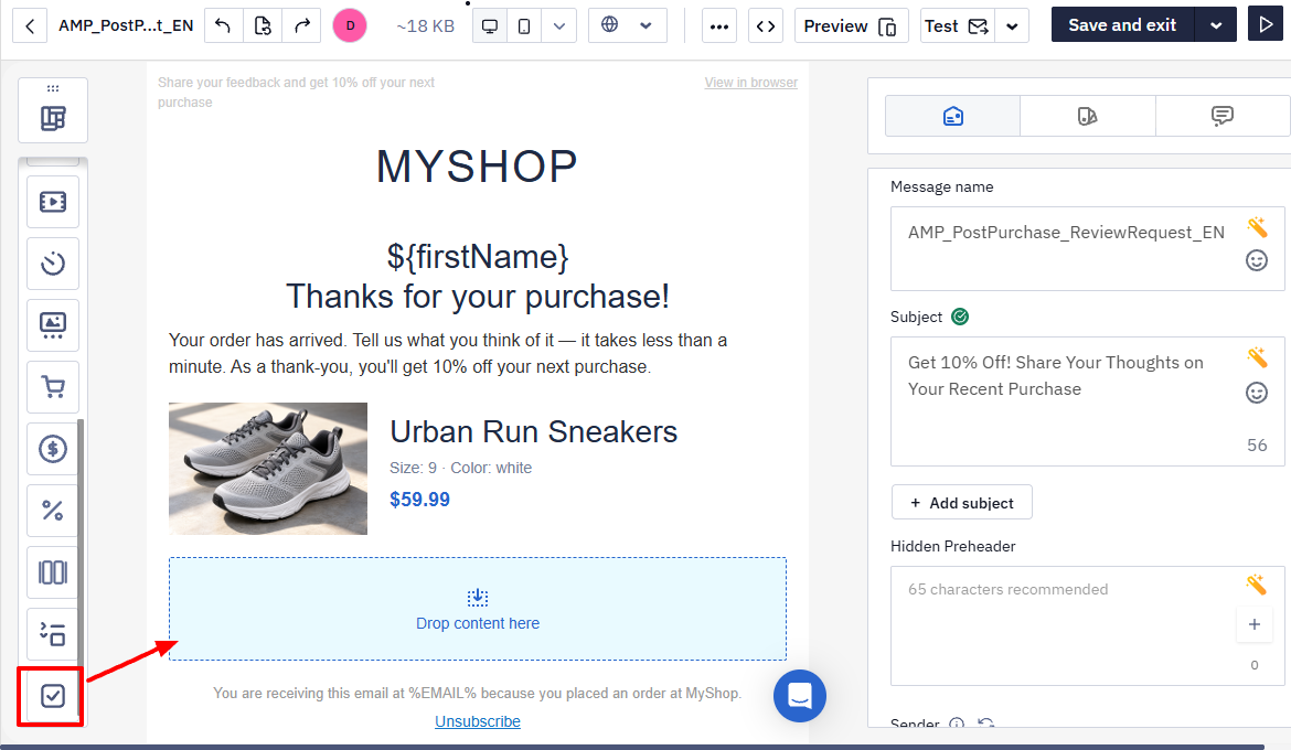 Form block in the Blocks side panel with an arrow pointing to the drop area in the email