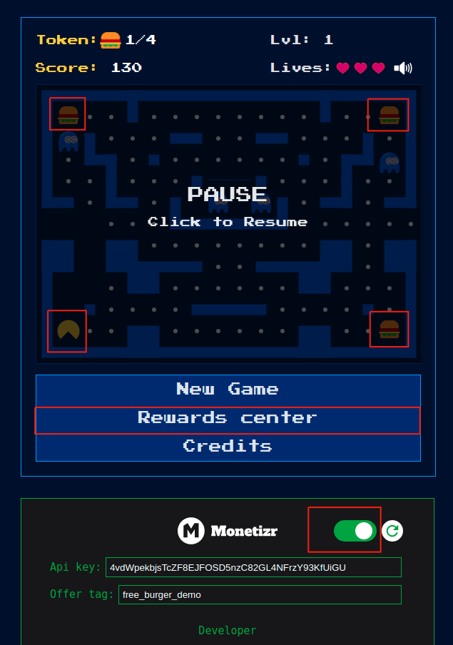 pacman_reward_center.png Enable Monetizr and collect four burgers, then open the Rewards center