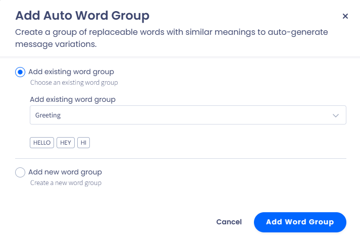 Screenshot of adding existing word group