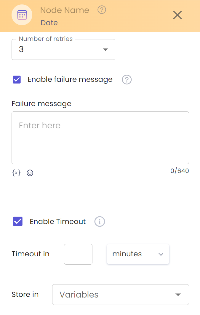 Failure Message, Enable Timeout, Store in Variable