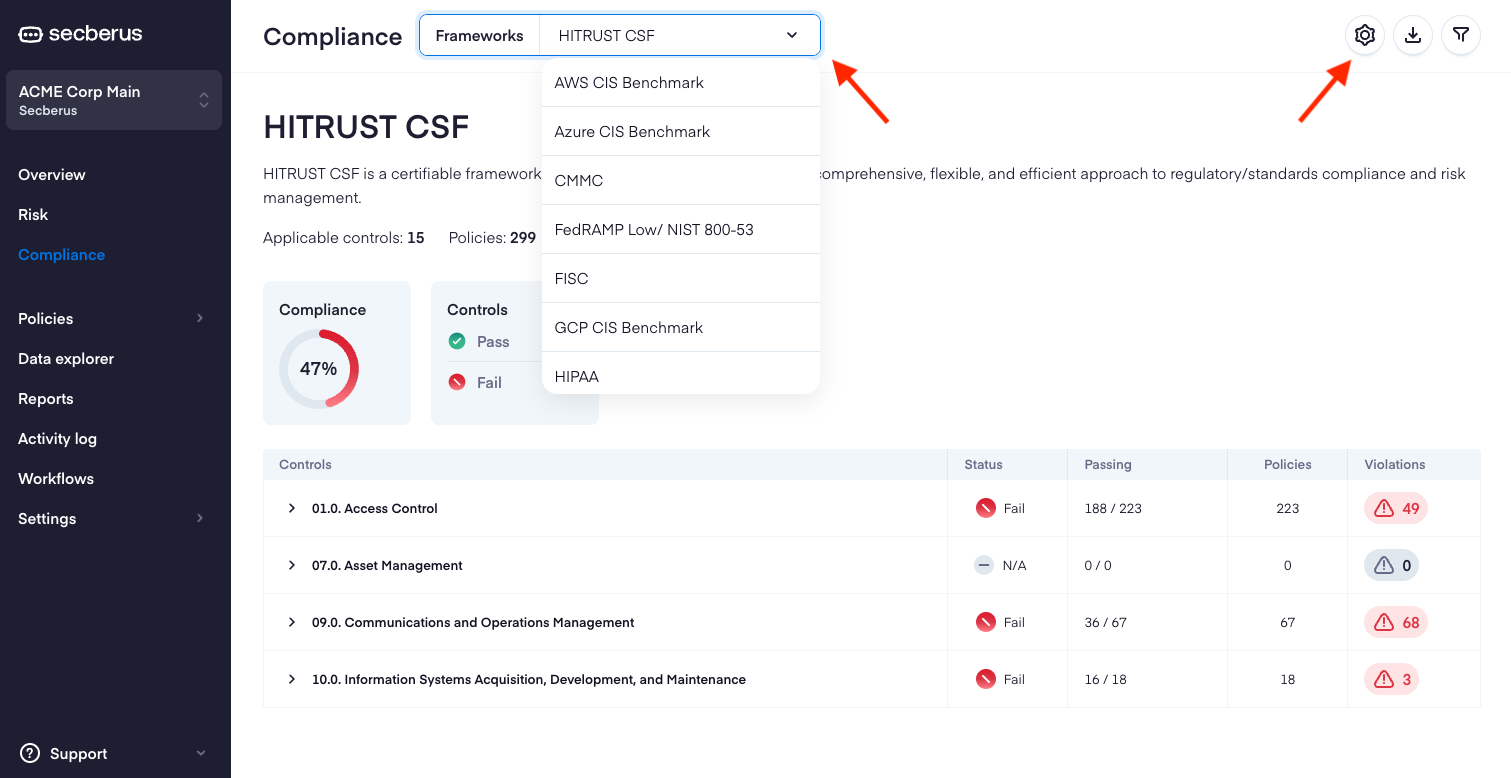Select a Compliance Framework and generate a CSV Report