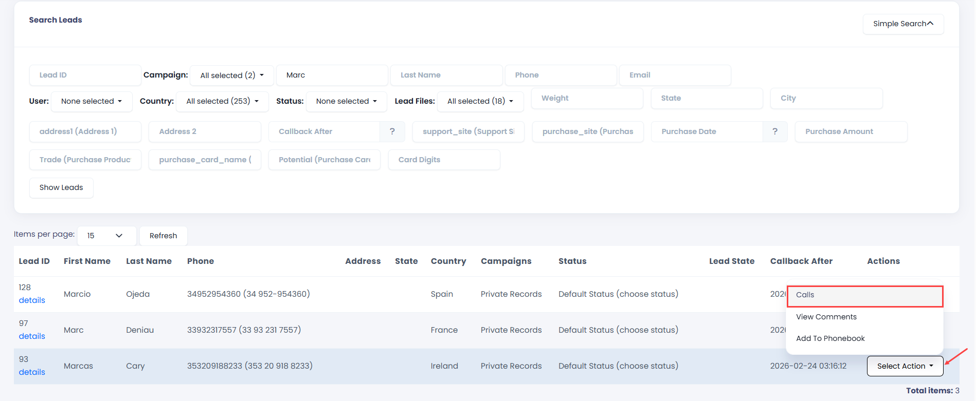 Screenshot of viewing calls
