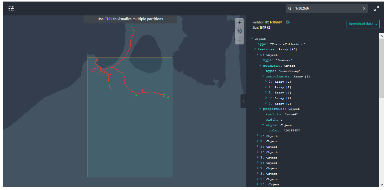 Output with paved segments in green and unpaved in red