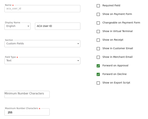 ACA User ID Custom Field Configuration