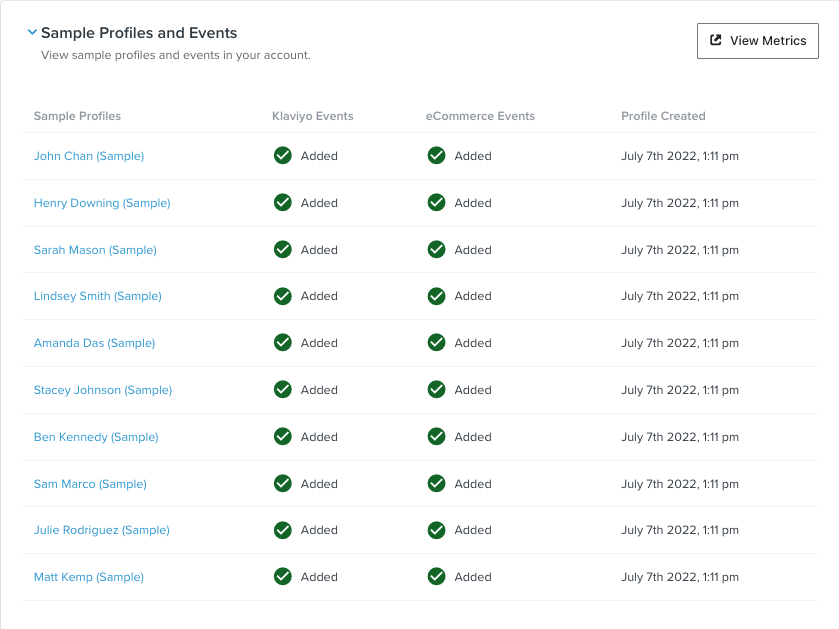 Image of the Sample Profiles & Events modal, displaying 10 profiles alongside their created at timestamp