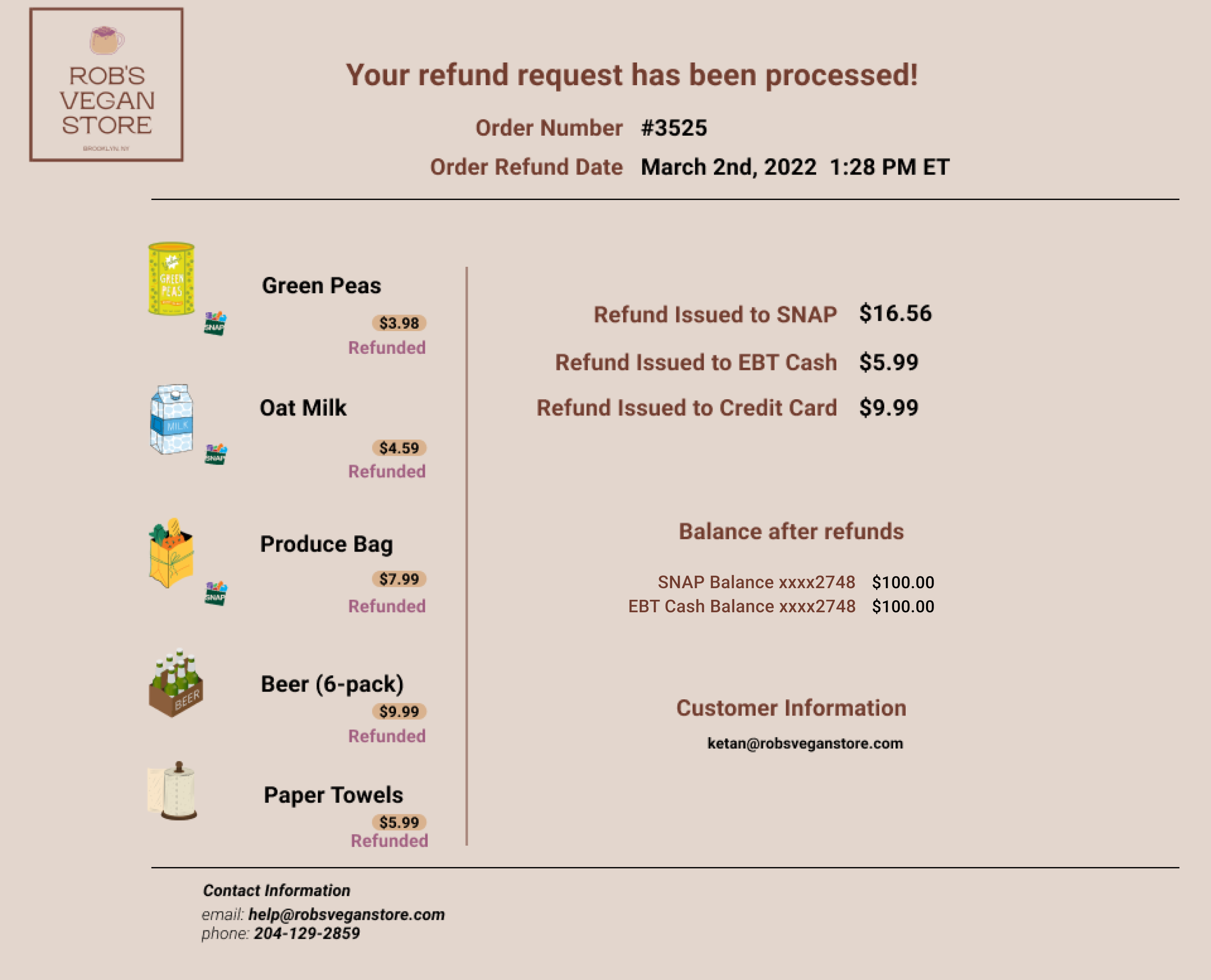 Rob's Vegan store refund confirmation screen lists what items are refunded to what tender types along with other FNS requirements